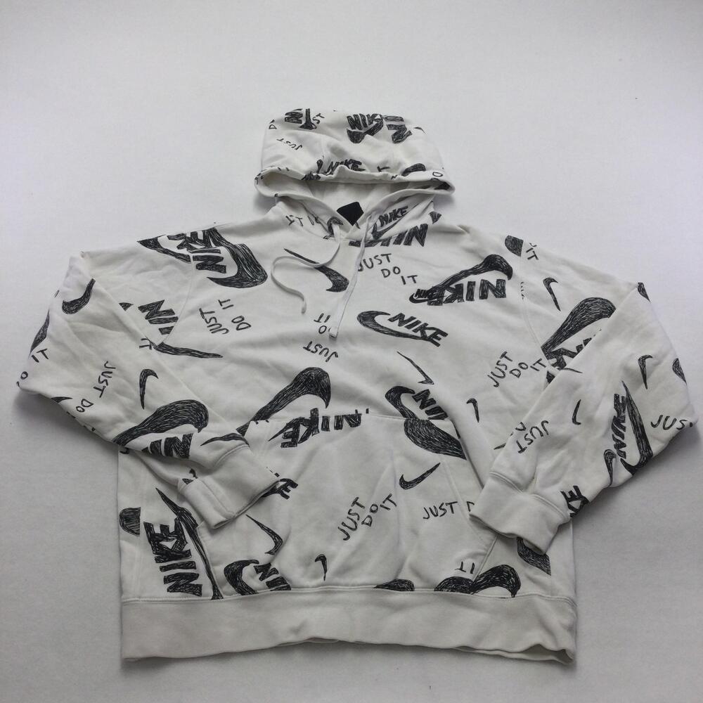 Nike Hoodie Mens Medium White Just Do It Allover Graphic Pullover Sweatshirt